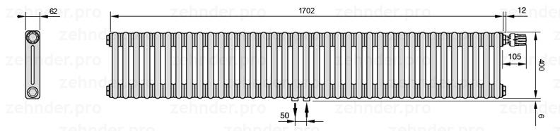 Схема (чертеж) Радиатор Zehnder Charleston 2040/37 №V008 Белый глянцевый RAL 9016